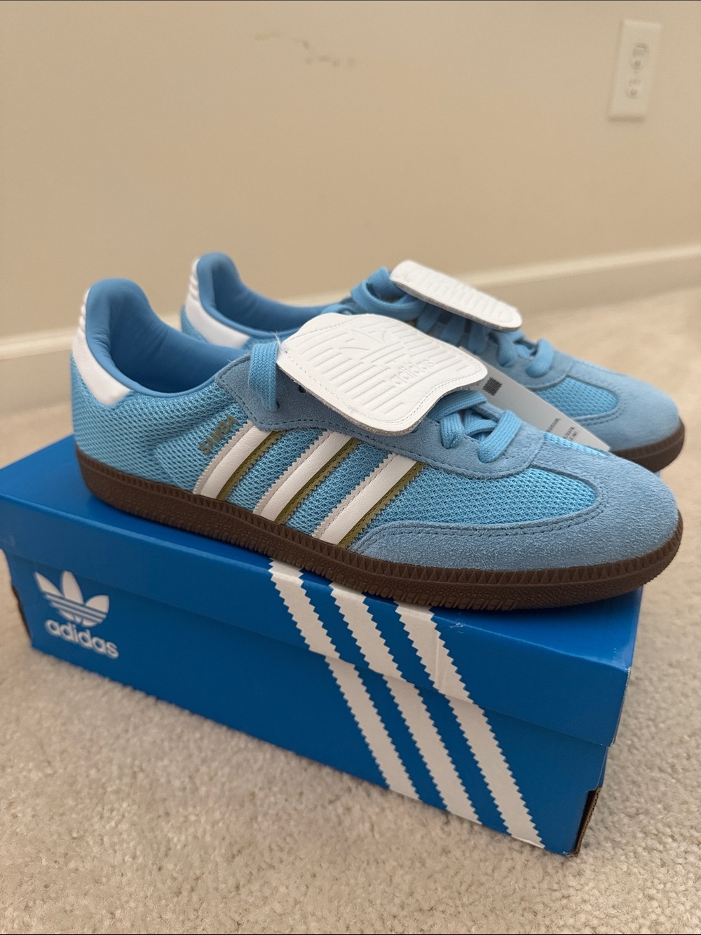 adidas women’s Samba in Light Blue and White with Brown Outsole
